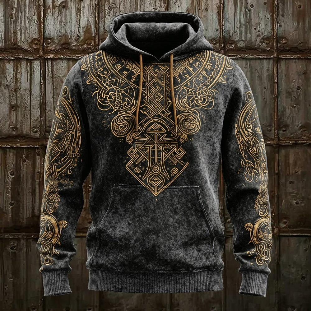 Men's Vintage Viking Inspired Pattern Washed Cozy Hoodie