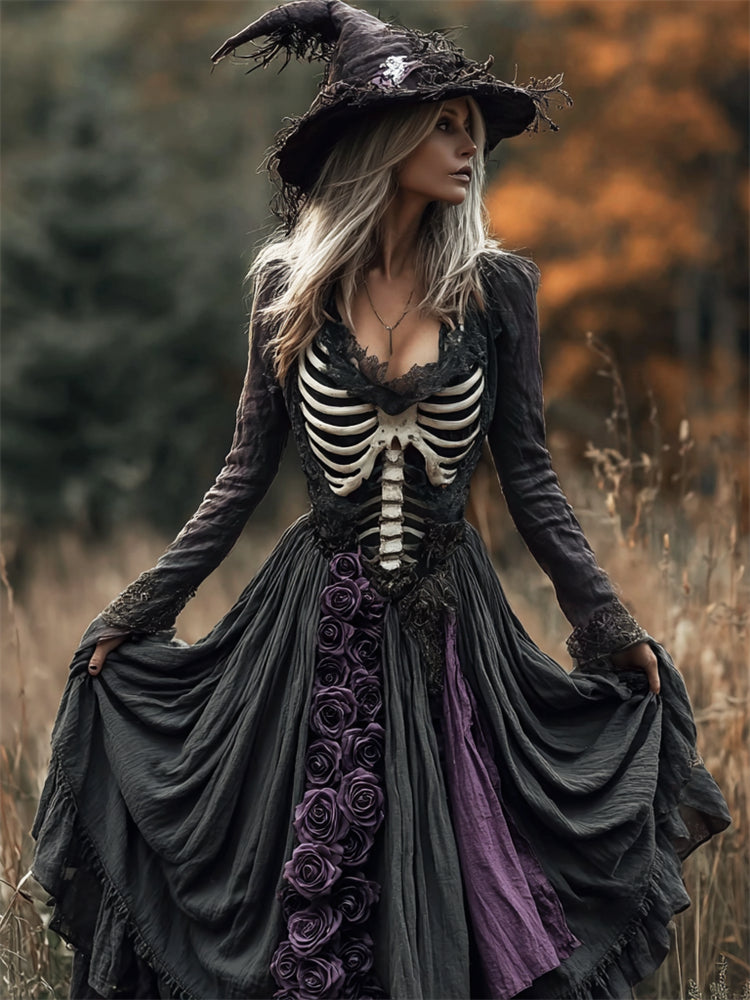 Halloween Skeleton Purple Roses Lace Trim Linen Maxi Dress
