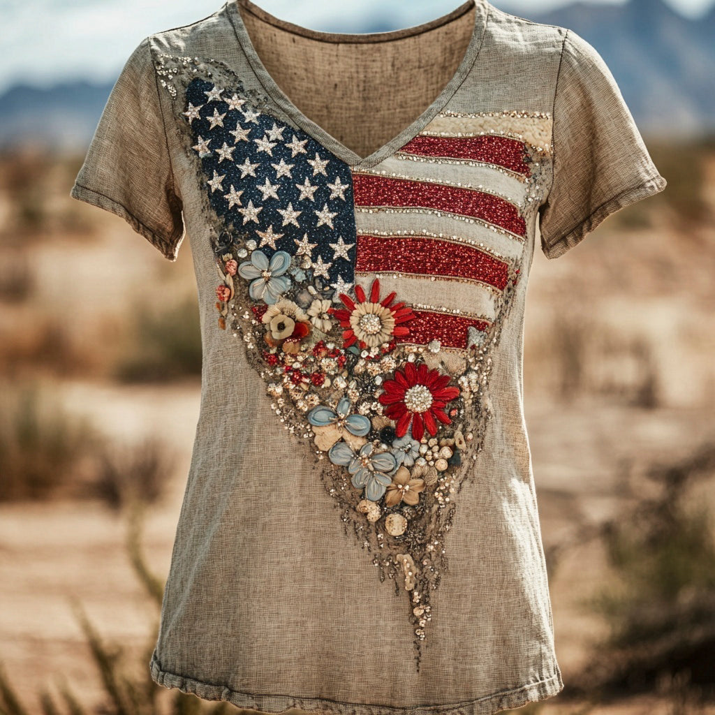 Independence Day Flag & Sequins Floral Embroidery Women's Linen V-neck T-shirt