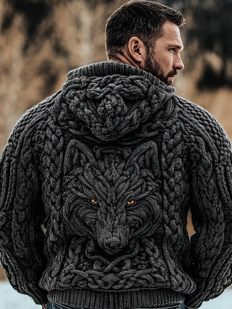 Men's Viking Celtic Wolf Knit Chunky Hooded Sweater