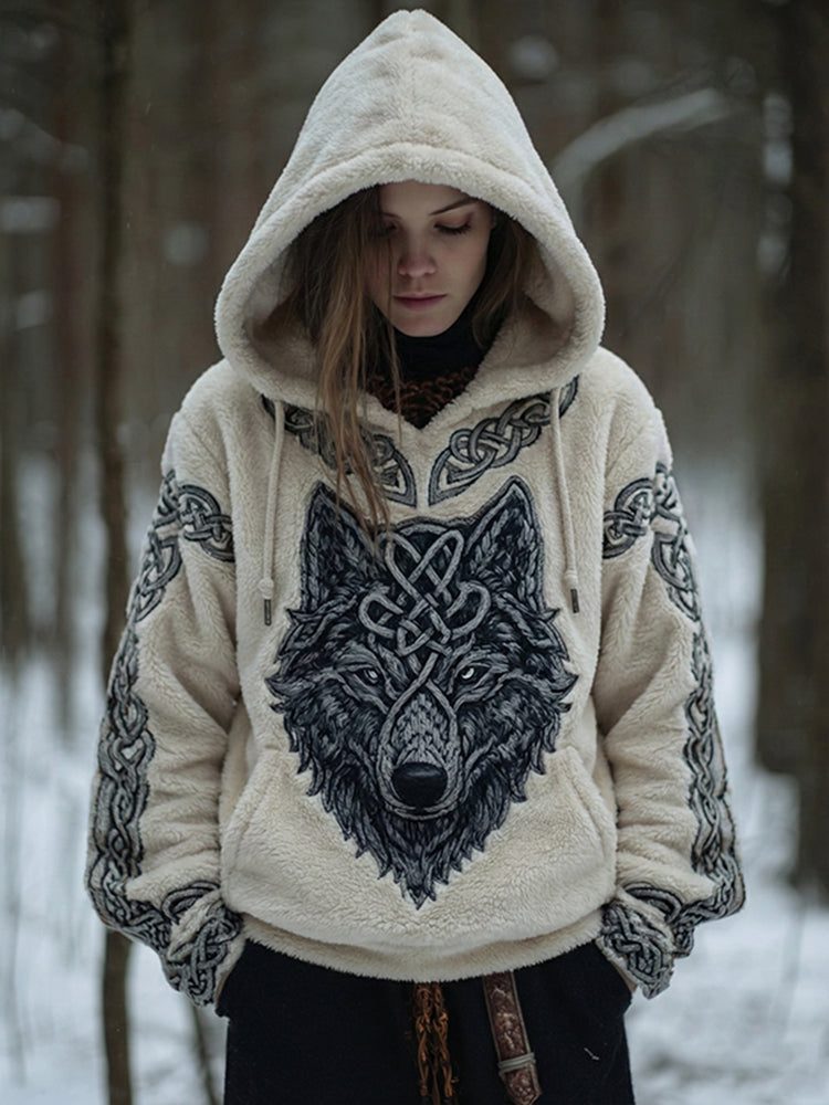 Women's Retro Viking Wolf Art Casual Flannel Hoodie