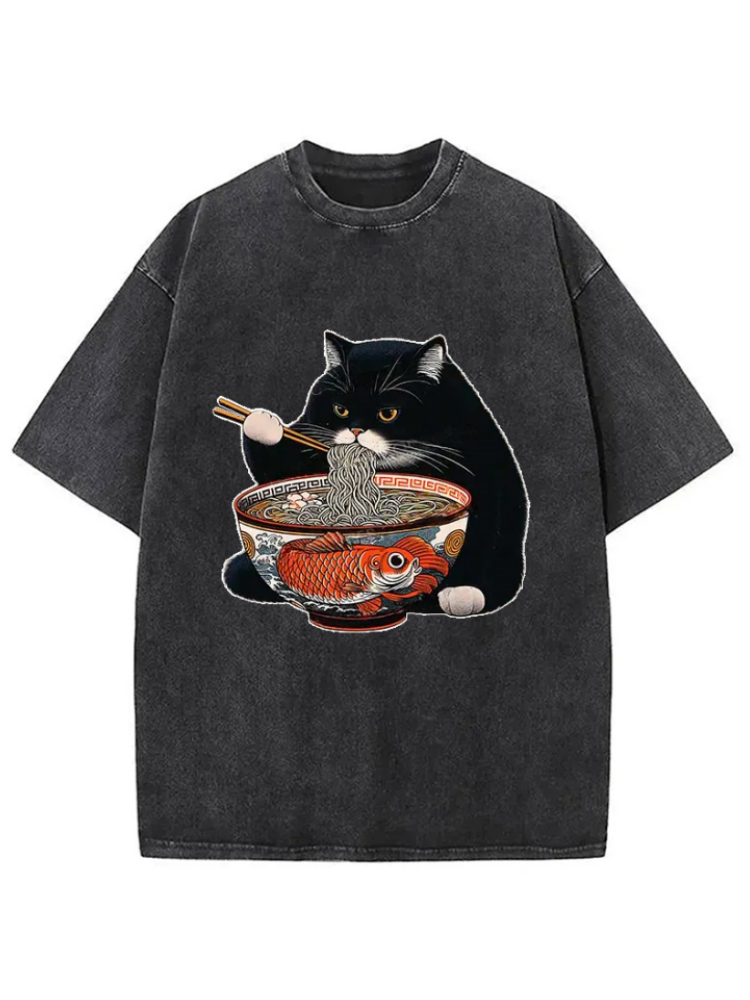 Fat Cat Eating Ramen Washed T-shirt