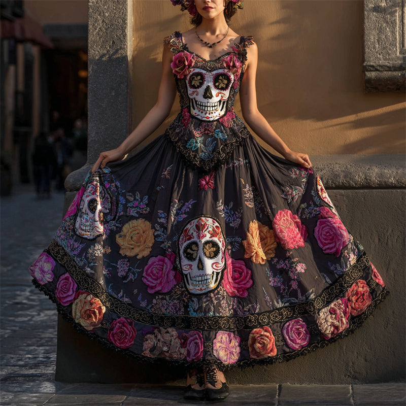 Day Of The Dead Sugar Skulls & Roses Linen Maxi Dress