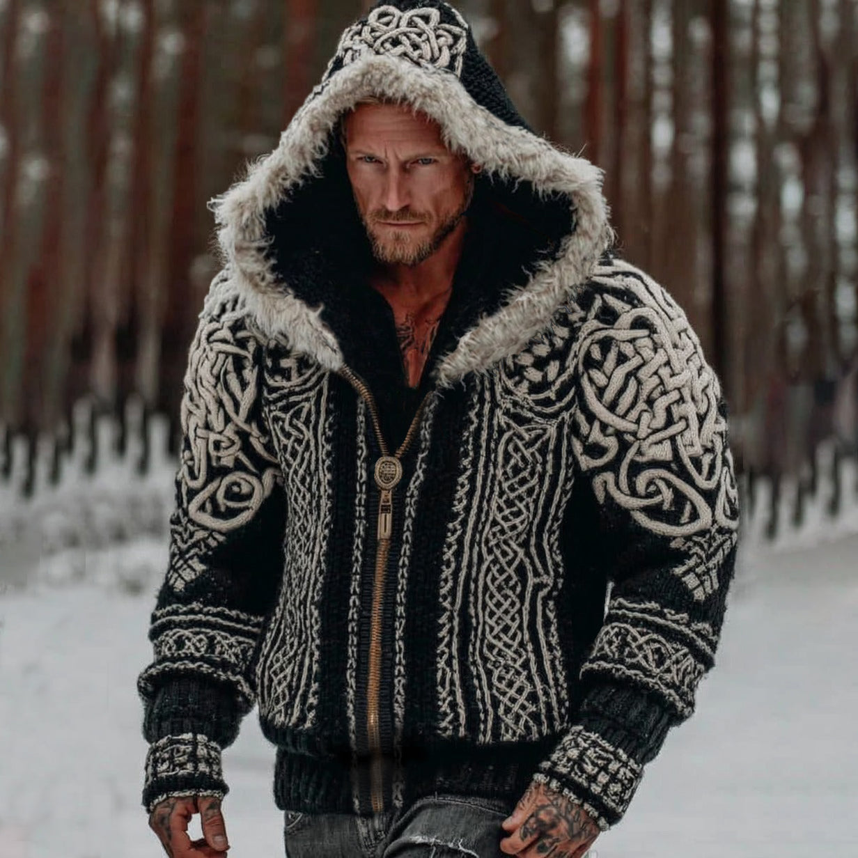 Vintage Celtic Knot Jacquard Men's Knit Hooded Fuzzy Collar Zipper Jacket