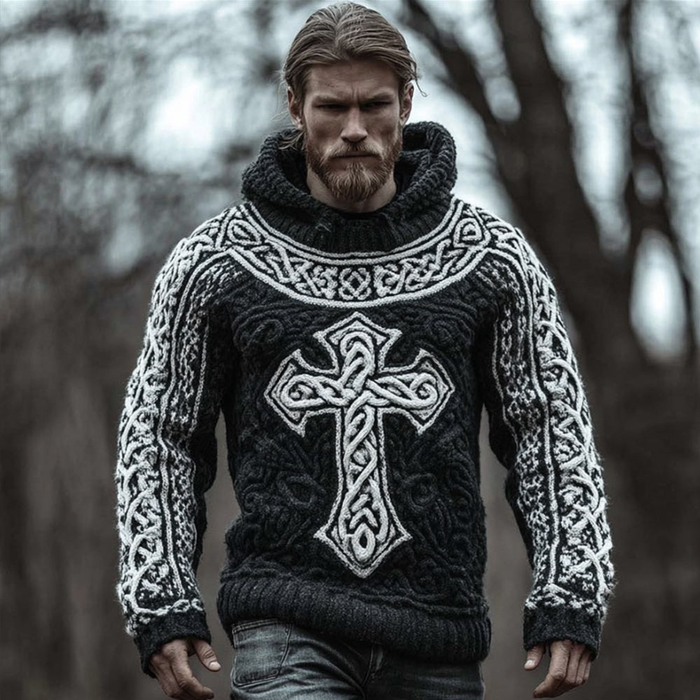 Men's Viking Style Cross Black And White Hooded Sweater