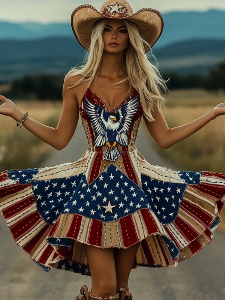 Women's Retro Independence Day Patchwork Eagle Art Casual Linen  Suspender Mini Dress