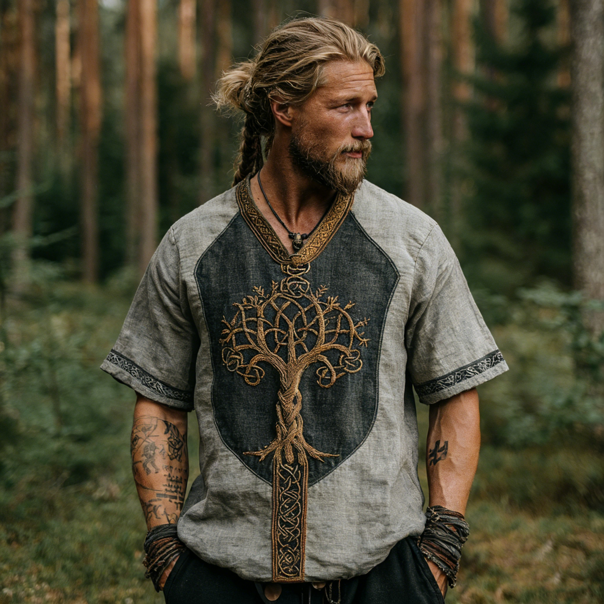 Men's Viking Life Of Tree Celtic Knot Art Linen V-neck T Shirt