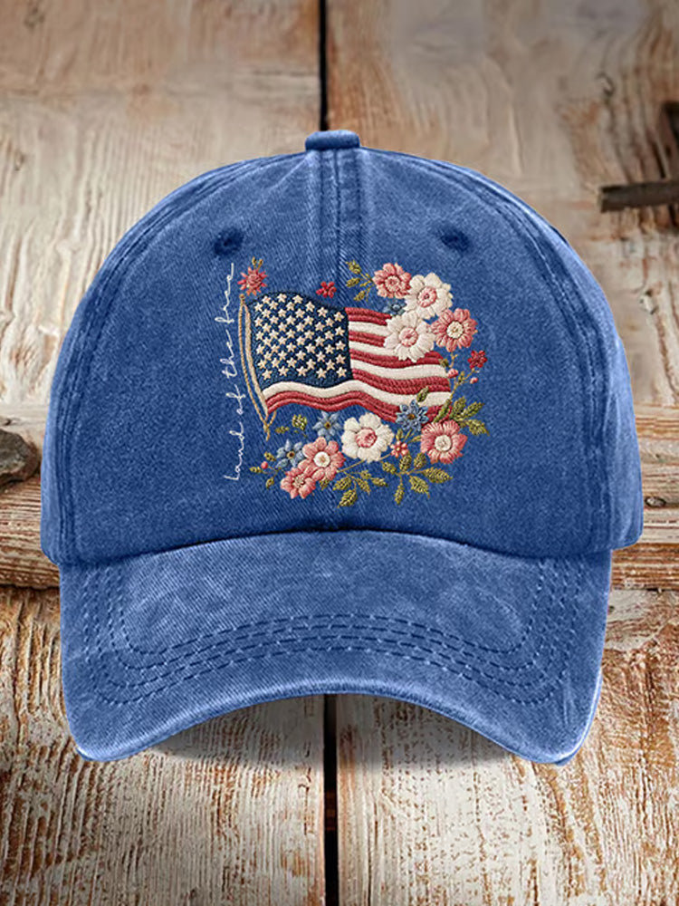 Retro Independence Day Flowers Land Of The Free Print Baseball Cap
