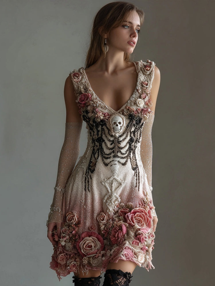 Vintage Skull Roses Glitter Gradient V Neck Mini Dress