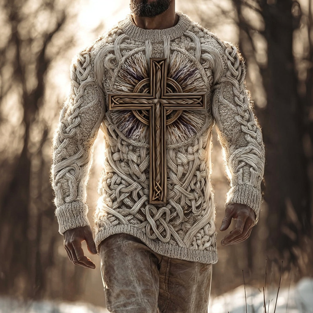 Men's Faith Cross Celtic Jacquard Chunky Knit Sweater
