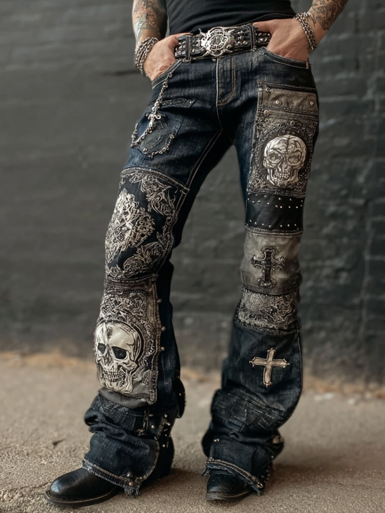 Rock Punk Skull Cross Element Retro Distressed Heavy Workwear Men's Denim Long Pants