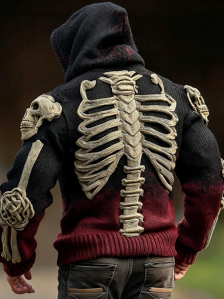 Viking Skeleton Human Anatomy Celtic Gradient Knit Zipper Up Hooded Cardigan