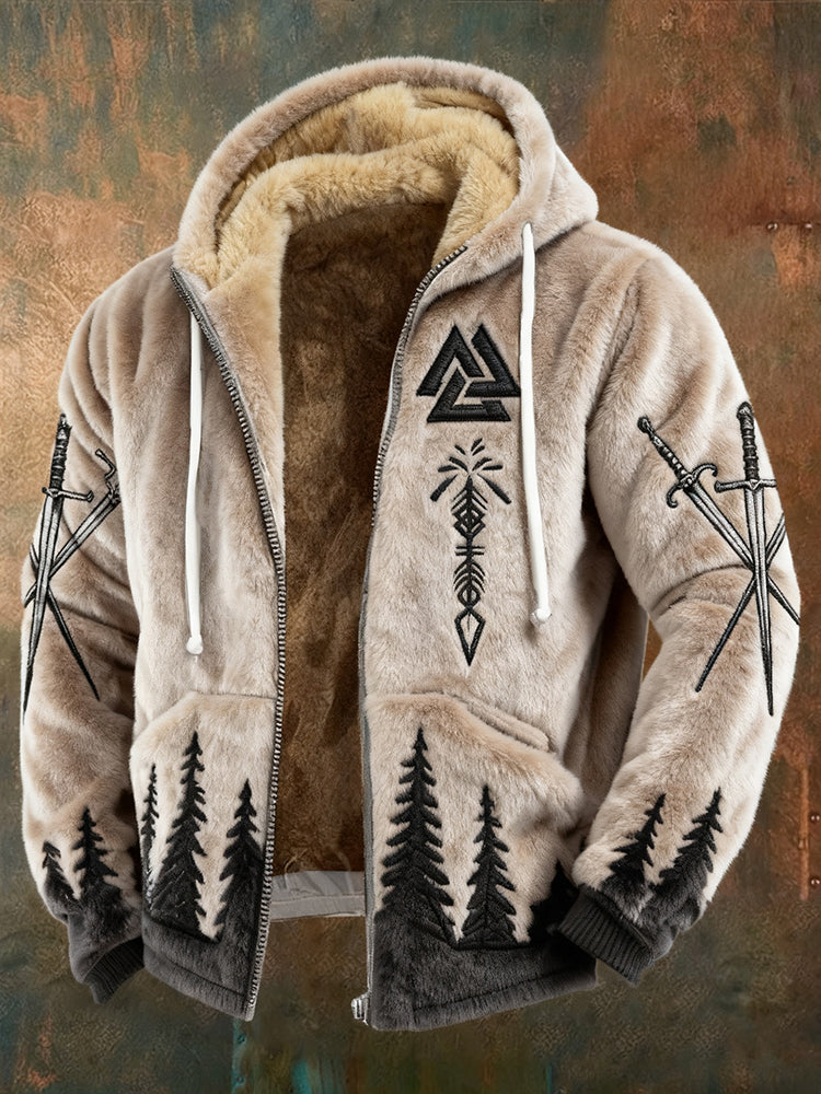 Men's Retro Viking Valknut And Sword Pattern Plush Zip-up Hooded Jacket
