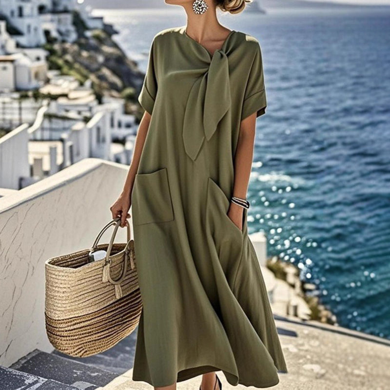 Women's Elegant Bow-knot Pocket Cotton And Linen Midi Dress