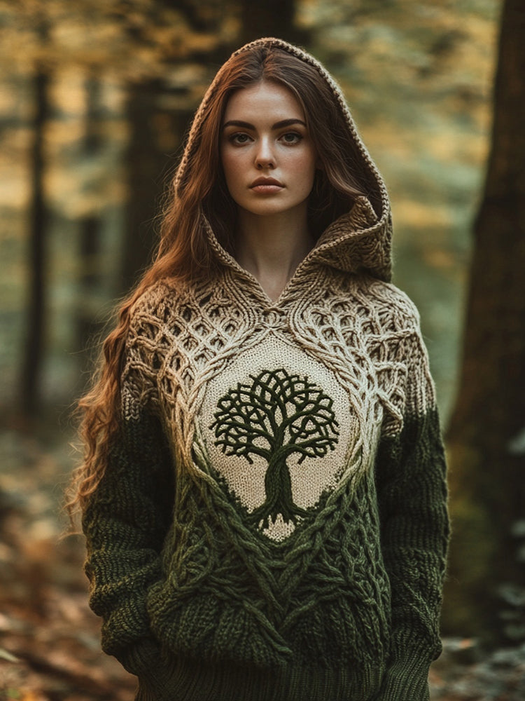 Women's Celtic Tree Of Life Jacquard Contrast Hooded Sweater