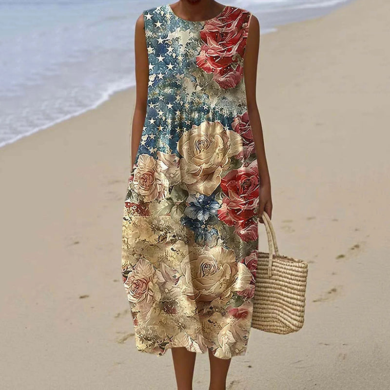 Women's Vintage Floral Independence Day Art Linen Tank Dress