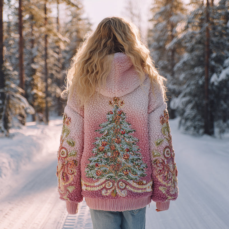 Rhinestone Christmas Tree Ombre Plush Hoodie