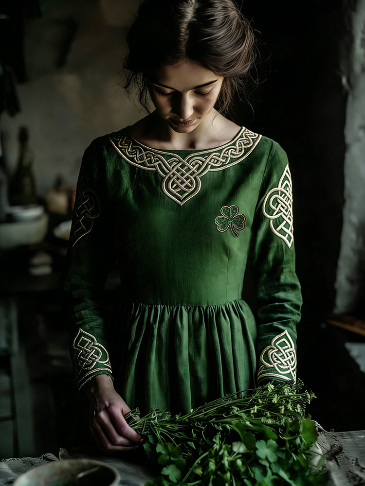 Women's St Patrick's Day Clover Celtic Art Cozy Mixed Cotton And Linen Dress