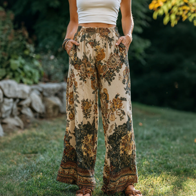 Women's Retro Bohemian Floral Patchwork Linen Trousers