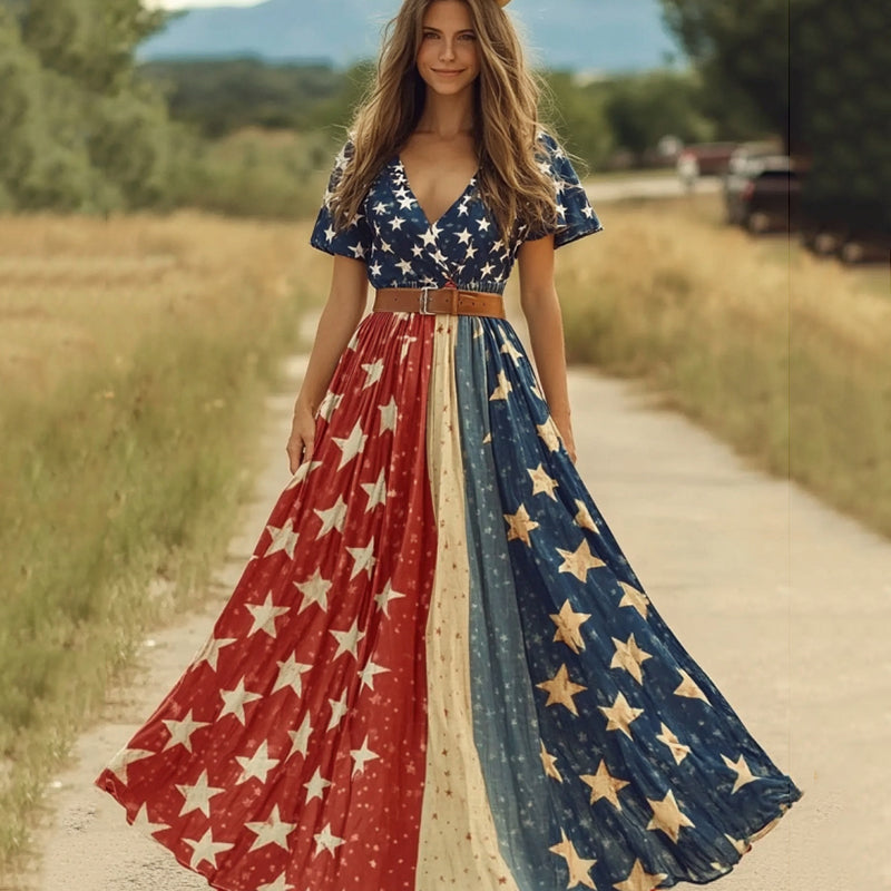 Women's Vintage Independence Day Flag Short Sleeve Casual Maxi Dress