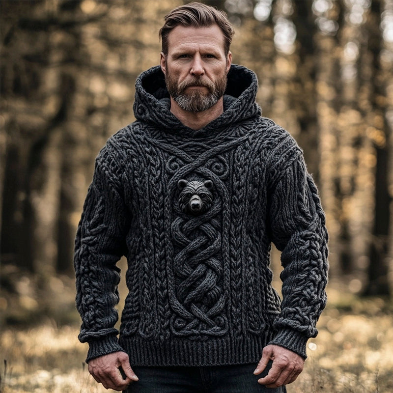 Bear & Celtic Knot Knit Pattern Men's Hooded Sweater