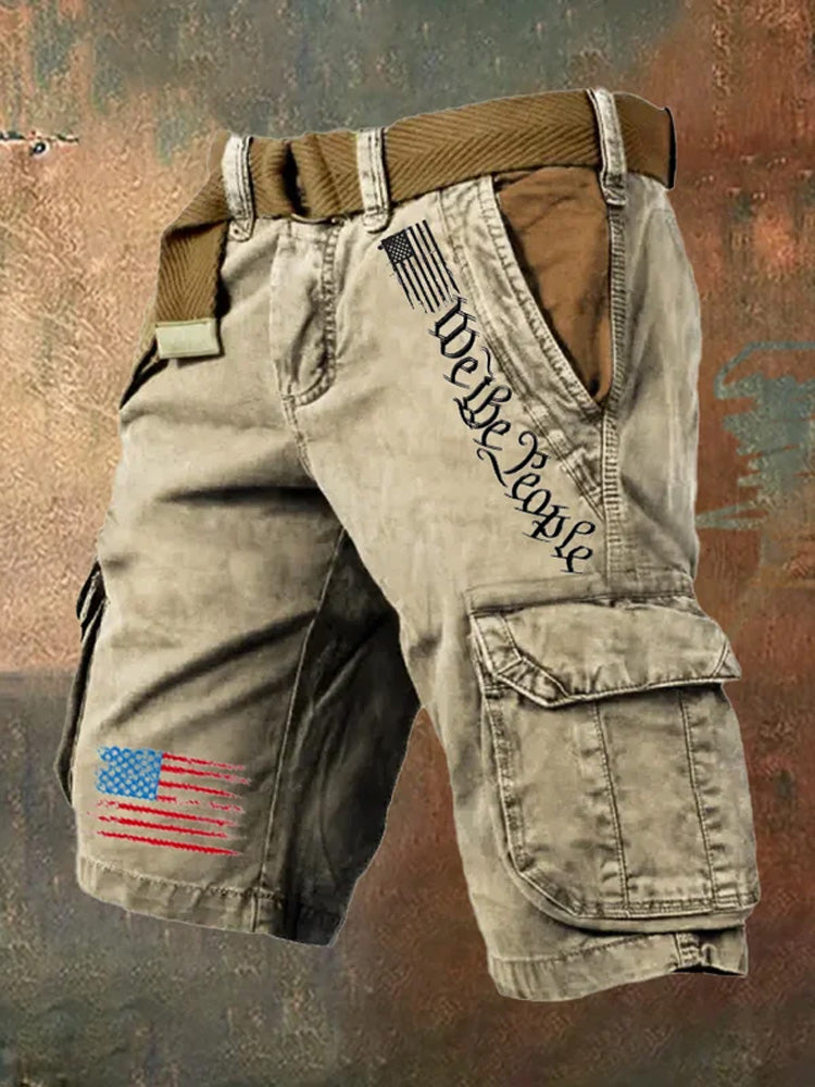 Men's Vintage Flag Independence Day Multi-Pocket Print Cargo Shorts