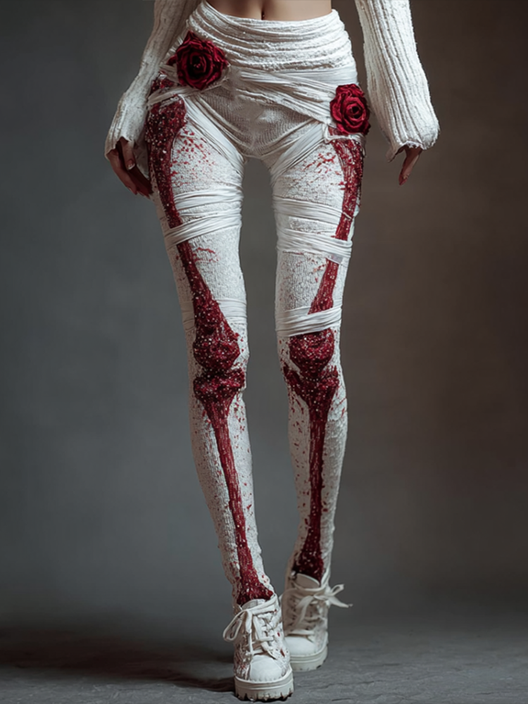 Halloween-themed Line Art Women's Knitted Tight-fitting Leggings.