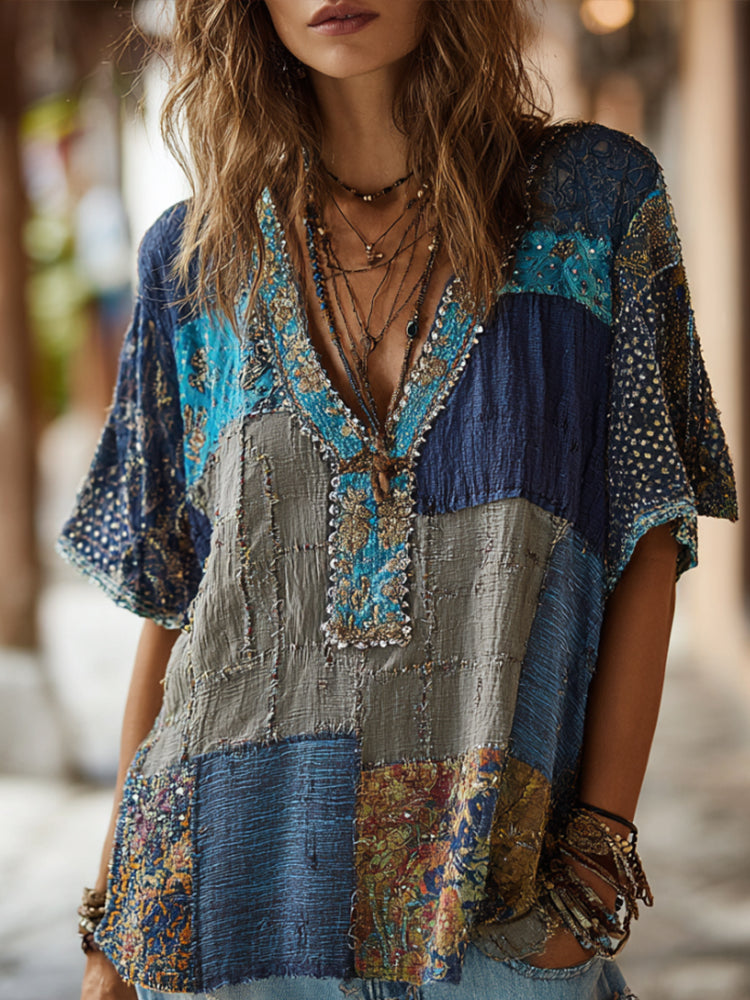 Bohème Blue Patchwork Geometric Linen Top