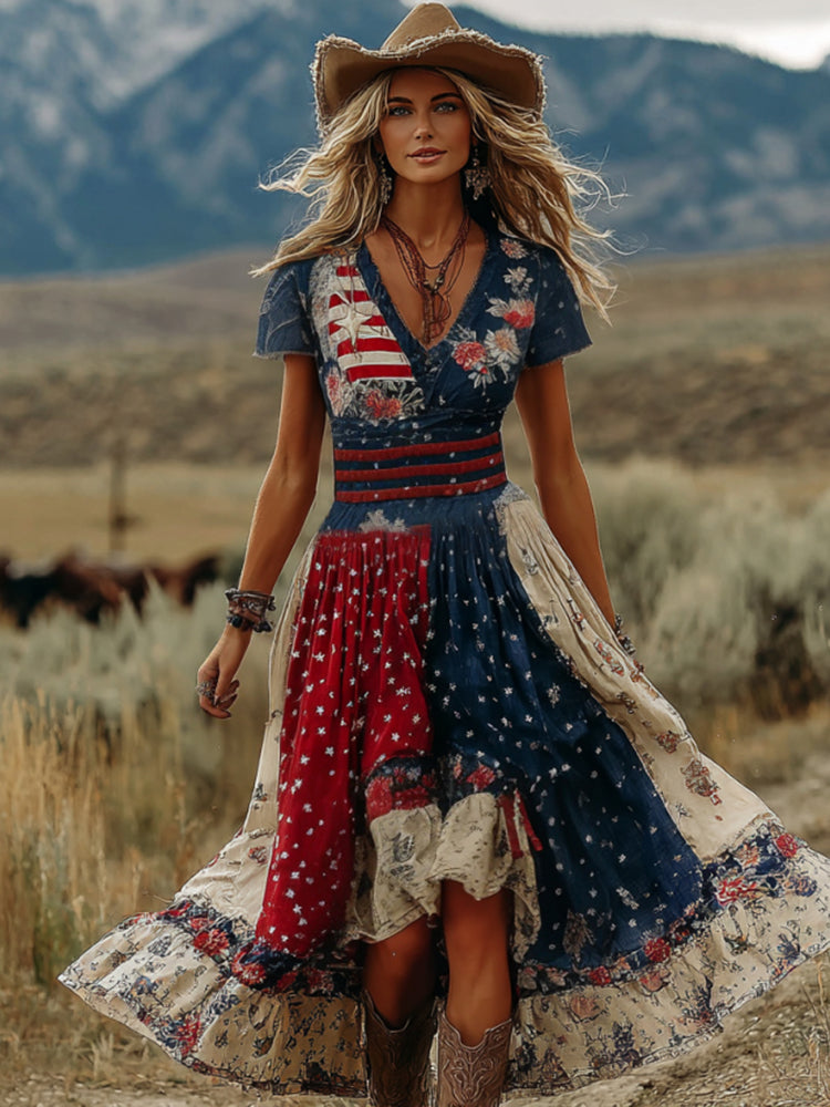 Women's Retro Independence Day Floral Patchwork Art Casual Linen Short Sleeve Maxi Dress