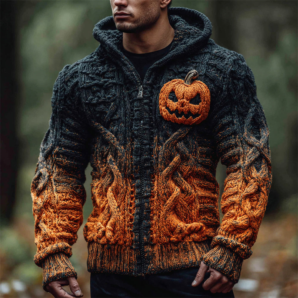Halloween Pumpkin Face Knit Art Men's Hooded Zipper Sweater