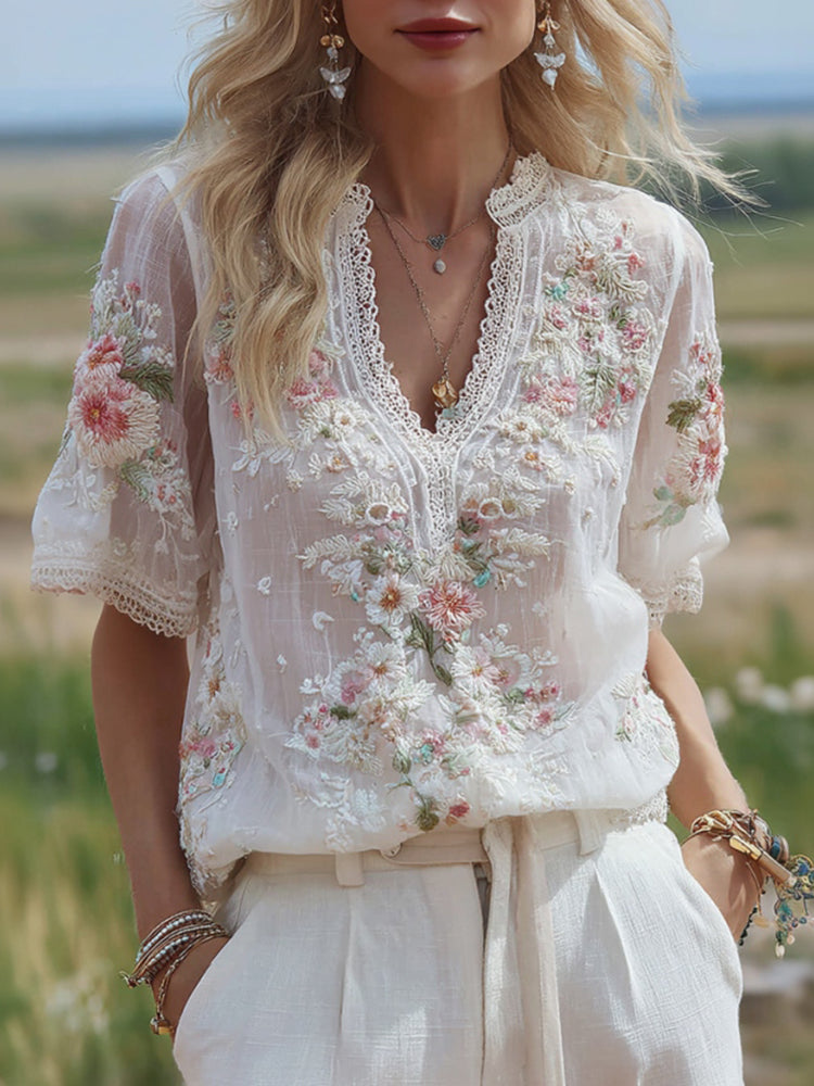 Women's Floral Embroidery V-neck T-shirt