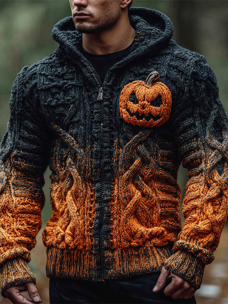 Halloween Pumpkin Face Knit Art Men's Hooded Zipper Sweater