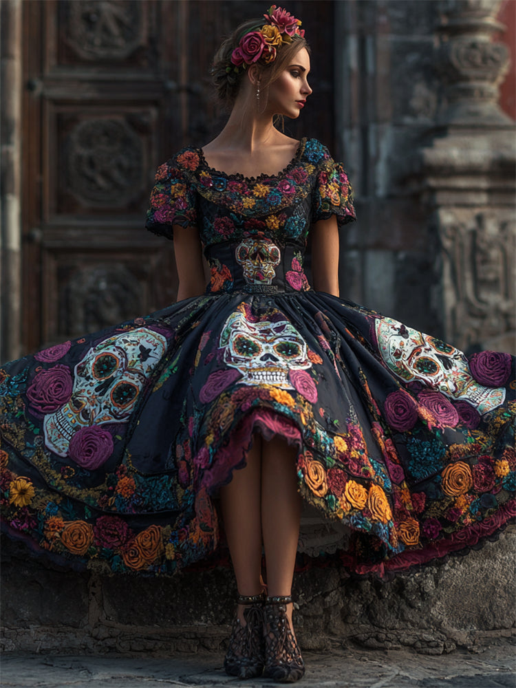 Day Of The Dead Sugar Skulls Floral Embroidered Linen Maxi Dress