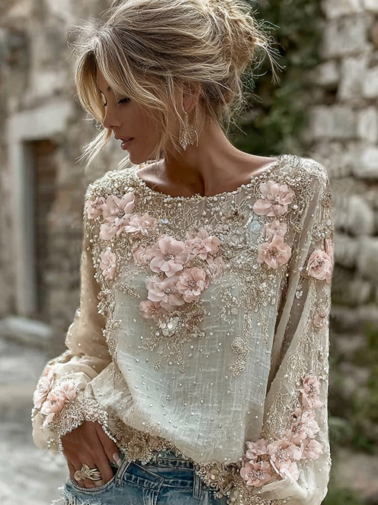 Women's Vintage Pink Flower Embroidery Art Long Sleeve T-shirt