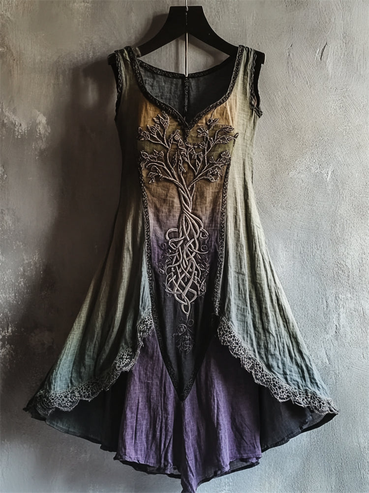 Vintage Tree Of Life Lace Hem Gradient Linen Dress