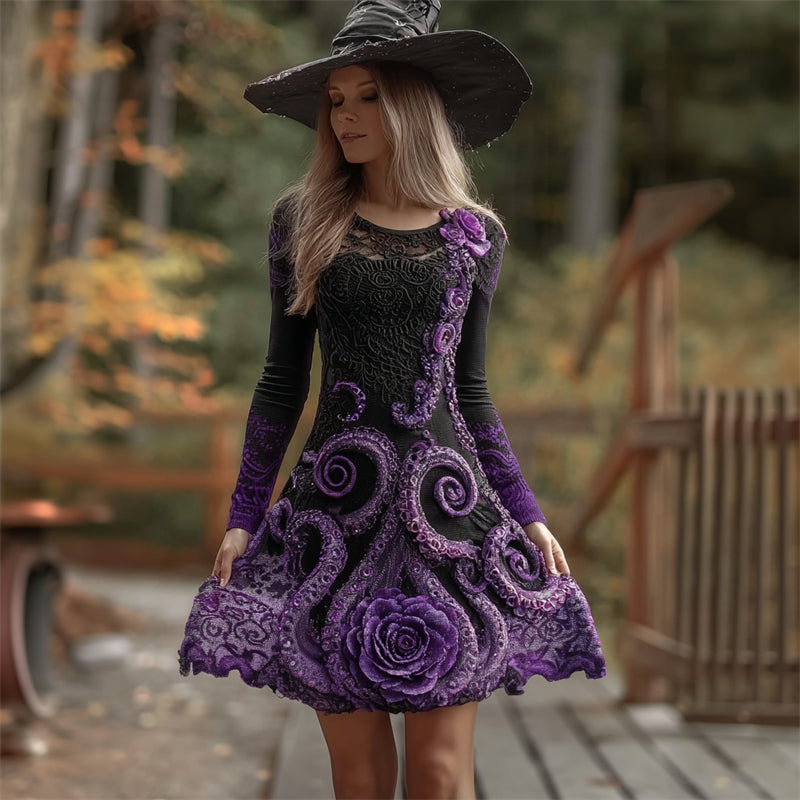 Halloween Evil Dark Tentacles Glitter Rose Lace Flowy Mini Dress