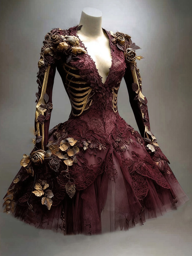 Women's Gothic Skull And Branches Pattern Witch Midi Dress