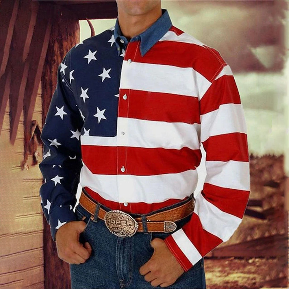 American Flag Western Cowboy Men's Long Sleeve Shirt