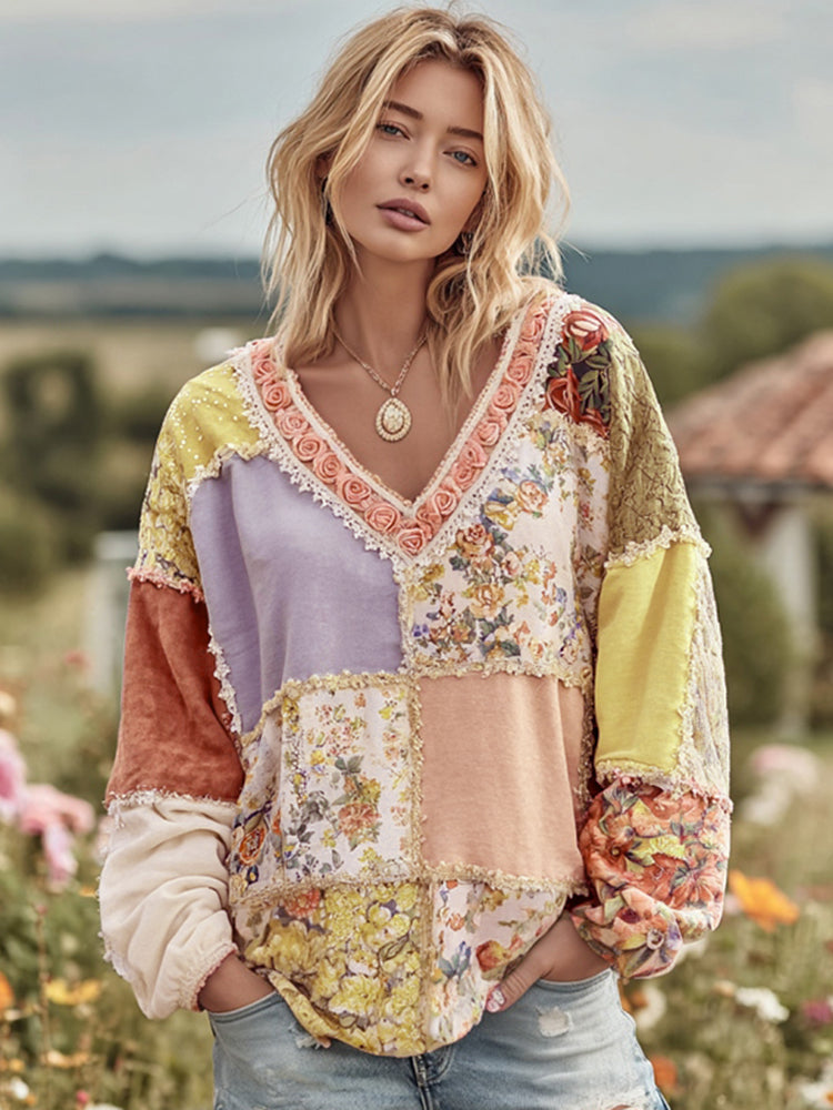 Women's Vintage Floral Patchwork Art Cozy Warm Sweatshirt