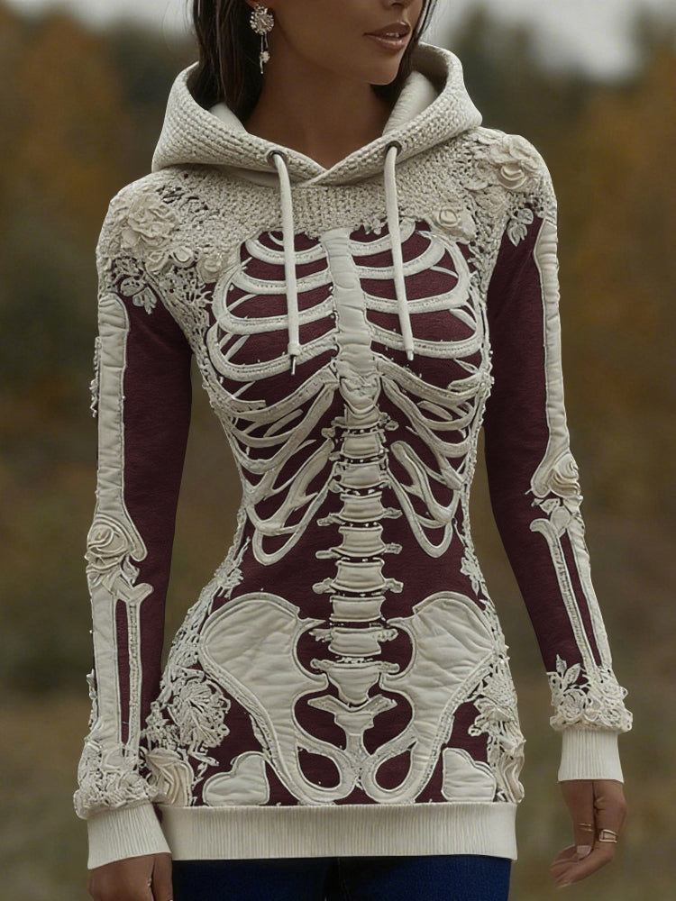 Women's Halloween Skeleton Bones With Roses Art Knitted Warm Hooded Sweater