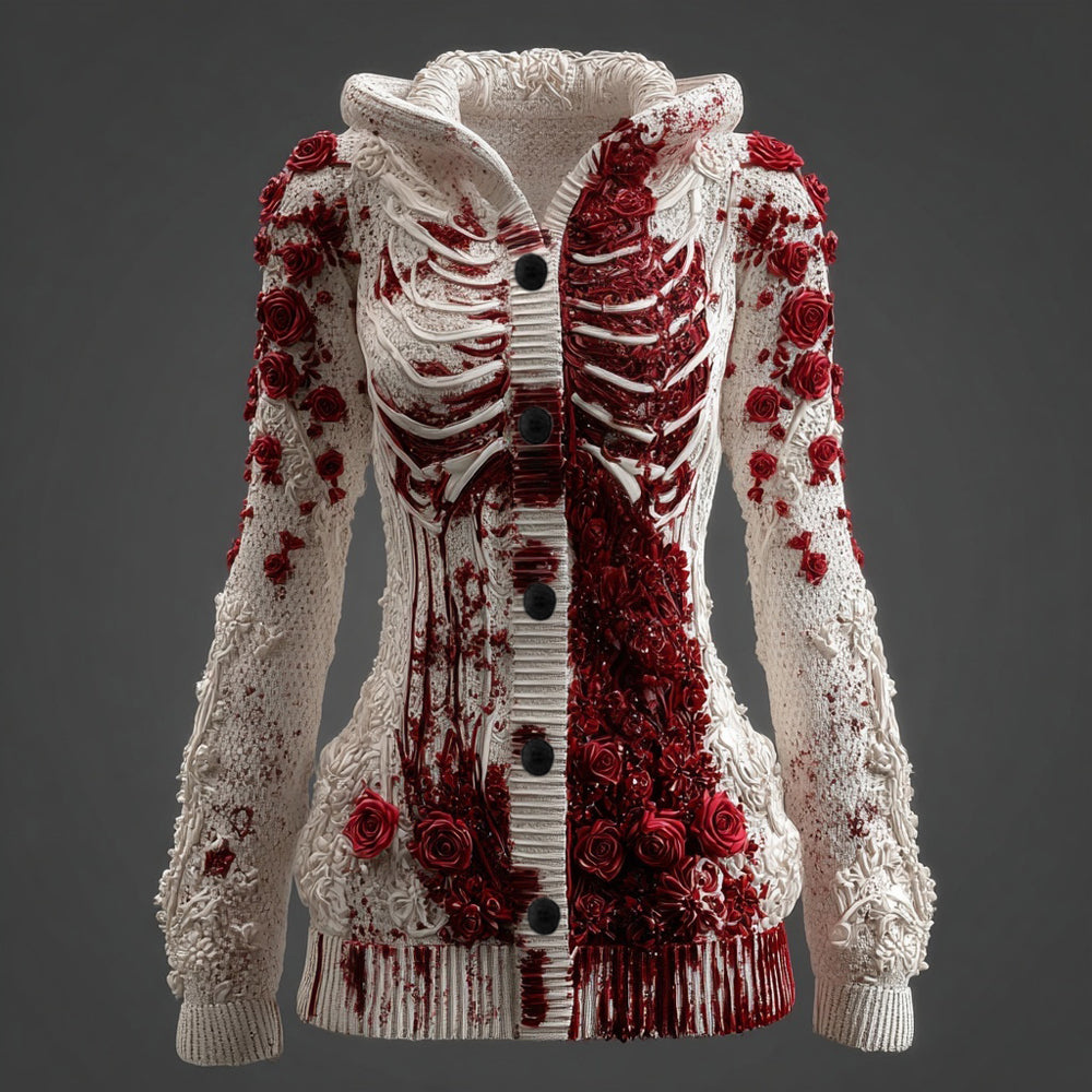 Classy Skeleton Bloody Roses Hooded Sweater Cardigan