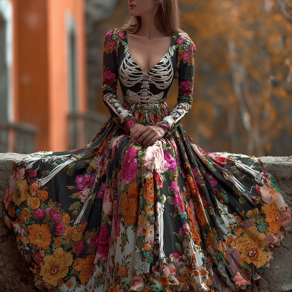 Halloween Plant Flower And Skeleton Bone Pattern Combined Design Women Long Cotton And Linen Dress