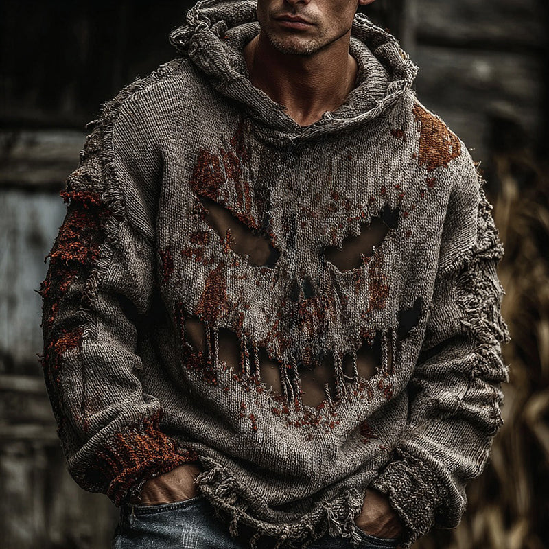 Men's Halloween Rusty Spooky Face Inspired Knitted Distressed Hooded Sweater