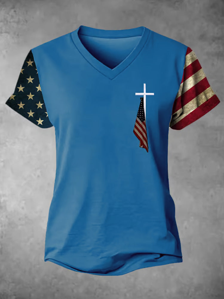 Women's Flag Cross Print V-neck T-shirt