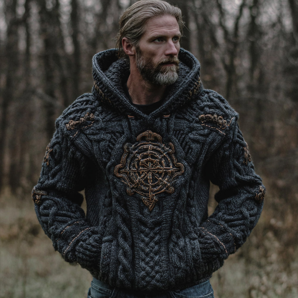 Men's Viking Compass Navy Blue Hooded Sweater
