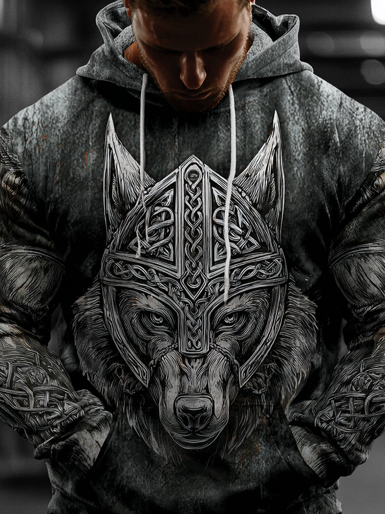 Men's Retro Viking Wolf Art Print Long Sleeve Casual Hoodie
