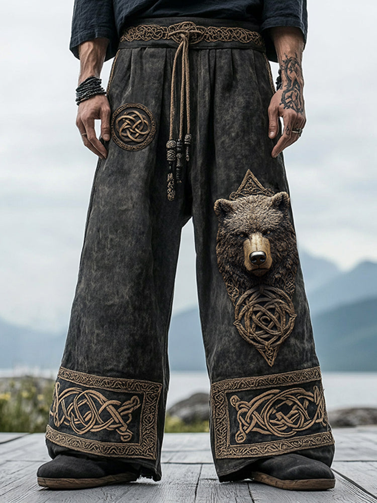 Vintage Nordic Viking Mythology Celtic Knot Bear Head Pants