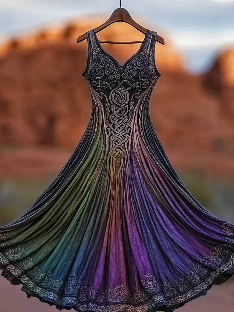 Women's Vintage Viking Celtic Knot Gradient Art Linen Midi Dress