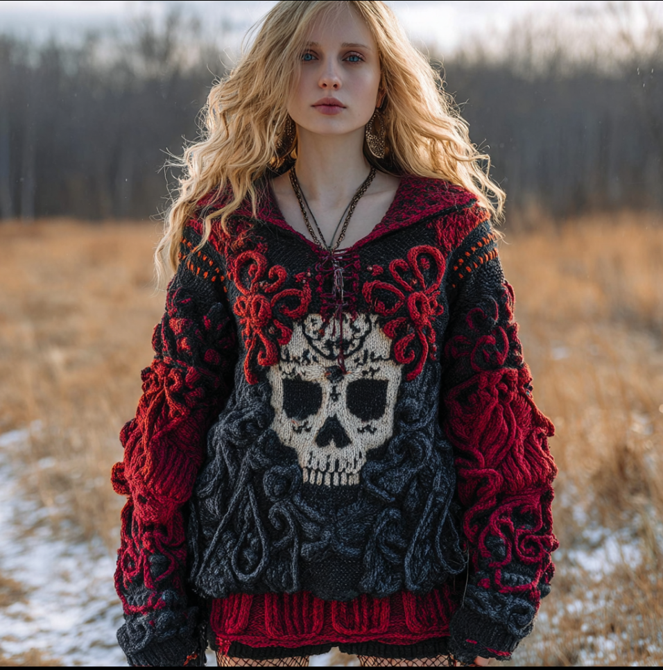 A Woman's Hooded Sweater In Red And Black With Halloween Rose And Skull Elements