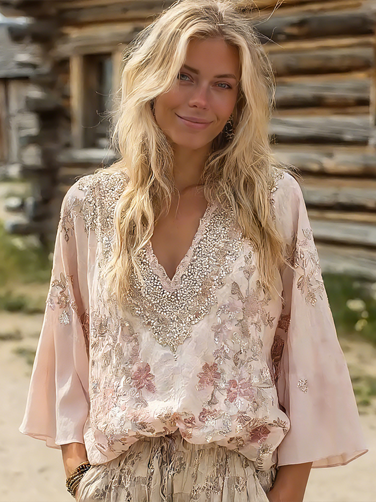 Bohemian Retro Style Flower Pattern V-neck Long Sleeve Top